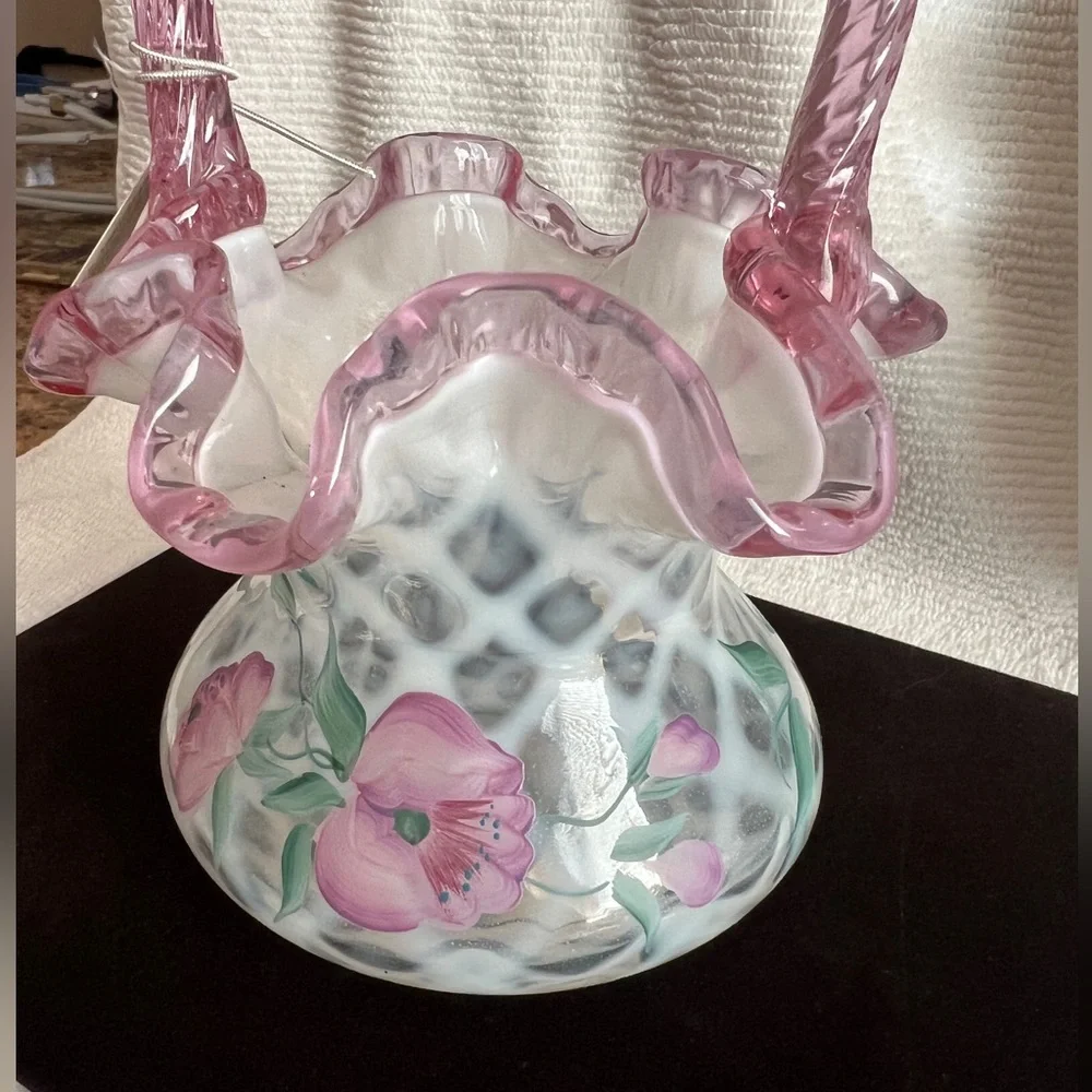 Fenton Art Glass 1995 Lynn Fenton Signature Series Hand Painted Trellis Basket - Picture 2 of 13